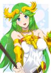  1girl absurdres armlet armpit_crease ashiomi_masato bangle bangs bare_shoulders belt blue_eyes blush bracelet breasts cleavage dress eyebrows_visible_through_hair gem goddess green_hair heart highres holding holding_staff jewelry kid_icarus kid_icarus_uprising large_breasts long_hair neck_ring necklace open_mouth palutena parted_bangs shield shiny simple_background smile solo staff standing strapless strapless_dress swept_bangs tiara vambraces very_long_hair white_background white_dress 