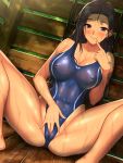  1girl barefoot black_hair blush breasts closed_mouth collarbone commentary competition_swimsuit covered_navel covered_nipples english_commentary finger_to_mouth highres index_finger_raised large_breasts long_hair looking_at_viewer nestkeeper one-piece_swimsuit original purple_eyes sitting smile solo spread_legs swimsuit wet wet_hair 