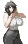  1girl black_eyes black_hair black_pants bow_(bhp) breasts closed_mouth covered_navel hair_over_one_eye hands_up holding holding_towel huge_breasts looking_at_viewer medium_hair navel one_eye_covered original pants shirt simple_background skin_tight sleeveless sleeveless_shirt solo standing sweat towel white_background wiping_sweat wristband 