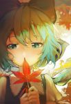  1girl autumn_leaves bangs blue_dress blue_eyes blue_hair blurry blurry_background bow cirno collared_shirt dress fairy hair_bow hidden_mouth highres holding holding_leaf ice ice_wings leaf looking_away maple_leaf red_neckwear shadow shirt short_hair short_sleeves siyumu touhou upper_body white_shirt wings 