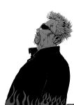  1boy absurdres artist_name blood blood_on_face collared_shirt earrings english_commentary facial_hair flame_print from_side goatee guy_fieri highres jewelry kaneki_profile_picture leaning_back looking_up monochrome parody parted_lips real_life shirt single_earring solo spiked_hair sunglasses tokyo_ghoul tokyo_ghoul:re tyrone white_background 