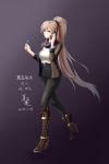  1girl 2018 alternate_costume artist_request asymmetrical_footwear azur_lane black_pants boots brown_footwear brown_jacket candy cellphone chinese_commentary commentary_request food full_body hair_ornament high_heels highres holding holding_candy holding_food holding_lollipop jacket jean_bart_(azur_lane) lollipop long_hair looking_at_viewer open_clothes open_jacket pants phone ponytail purple_background purple_scarf red_eyes scarf shairpan simple_background smartphone solo very_long_hair 