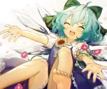  1girl bangs blue_dress blue_hair bow cirno closed_eyes collared_shirt dress eyebrows_visible_through_hair fairy flower green_bow hair_bow ice ice_wings open_mouth outstretched_arms pink_flower plant shirt short_hair short_sleeves simple_background siyumu smile solo spread_arms sunflower tanned_cirno touhou vines white_background white_shirt wings yellow_flower 