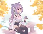  1girl alternate_costume angelica_(k3lly) bare_shoulders black_legwear blush casual cellphone choker double_bun flower genshin_impact hair_flower hair_ornament keqing long_sleeves phone purple_eyes purple_hair sitting solo thighhighs twintails 