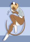  anthro blonde_hair bottomless brown_body brown_fur clothed clothing eyelashes eyes_closed eyewear female fur glasses hair hi_res hiddenwolf lying mammal mouse murid murine on_side partially_clothed pontik_(dannfirefeet) rodent shirt sleeping smile solo t-shirt topwear white_body white_fur 