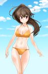  1girl abimaru_gup bangs bikini blue_sky blush breasts brown_eyes brown_hair cleavage closed_mouth cloud cloudy_sky commentary_request day extra eyebrows_visible_through_hair girls_und_panzer highres itsumi_erika&#039;s_loader long_hair looking_at_viewer medium_breasts navel orange_bikini outdoors ponytail skindentation sky smile solo standing swimsuit thigh_gap twitter_username wind 