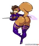  anthro bent_over big_breasts big_butt breasts butt clothing female hi_res holding_object holding_sword holding_weapon legwear lollipopcon looking_back mammal melee_weapon nickelodeon nipple_outline psylocke rodent sandy_cheeks sciurid solo spongebob_squarepants sword thigh_highs weapon 