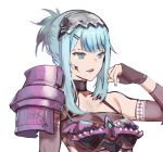  1girl alternate_costume arm_tattoo armor bangs blue_hair breasts dokuro_deluxe facial_tattoo fantasy fingerless_gloves gawr_gura gloves hair_ornament hairclip highres hololive hololive_english metal_hairband open_mouth sidekicks single_pauldron small_breasts solo tattoo tied_hair virtual_youtuber white_background 