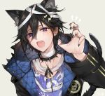  1boy animal_ears animal_hood artist_name bandages black_hair black_jacket black_nails cat_boy cat_ears cat_tail collar commentary_request cross fang fingernails hair_ornament hand_print highres holostars hood hood_down jacket jewelry kanade_izuru lightning_bolt lightning_bolt_hair_ornament long_sleeves looking_at_viewer male_focus open_mouth pendant purple_hair purple_shirt sharp_fingernails shirt short_hair simple_background slit_pupils solo spiked_collar spikes tail tcb upper_body virtual_youtuber 