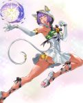  1girl absurdres animal_ears bangs bare_shoulders blunt_bangs bob_cut cross-laced_footwear dark_skin elbow_gloves gloves green_eyes highres kyuuakaku menat panties pantyshot paws purple_hair short_hair simple_background street_fighter street_fighter_v tail underwear white_background 