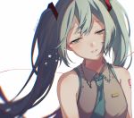  1girl aqua_hair aqua_neckwear arms_at_sides bare_shoulders blurry breasts chromatic_aberration close-up collared_shirt dated depth_of_field dot_nose expressionless face facing_viewer floating_hair green_eyes grey_eyes grey_shirt hair_between_eyes half-closed_eyes hatsune_miku head_tilt highres jitome konomi_(kumagai20) light_particles lips long_hair looking_down multicolored multicolored_eyes necktie parted_lips shaded_face shirt shoulder_tattoo sidelocks simple_background sleeveless sleeveless_shirt small_breasts solo sparkle star_(symbol) tattoo twintails upper_body very_long_hair vocaloid white_background 