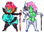  absurd_res adelia_(changbae) arthropod big_breasts bottomwear breasts changbae changeling clothed clothing duo female footwear friendship_is_magic goblin green_body green_skin hasbro hi_res high_heels huge_breasts humanoid humanoid_pointy_ears inverted_nipples junketsu kill_la_kill legwear my_little_pony nipples not_furry senketsu shoes short_stack simple_background skimpy skirt stockings studio_trigger thick_thighs white_background 