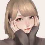  1girl bangs blonde_hair brown_eyes close-up commentary expressionless eyebrows_behind_hair grey_background hair_behind_ear hands_on_own_cheeks hands_on_own_face highres kobashiri. looking_at_viewer mano_aaa photo-referenced portrait real_life ribbed_sweater solo sweater 