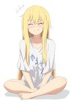  1girl ahoge bangs between_legs blonde_hair blue_eyes blush check_translation closed_eyes closed_mouth collarbone commentary crossed_legs eyebrows_visible_through_hair feet full_body gabriel_dropout hair_between_eyes hand_between_legs highres long_hair messy_hair no_legwear oversized_clothes piyomi shiny shiny_hair shirt short_sleeves sidelocks simple_background sitting smile solo tenma_gabriel_white translation_request very_long_hair white_background white_shirt 