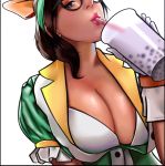  1girl alternate_costume alternate_hairstyle booger_wang breasts cleavage cup derivative_work food fruit glasses gloves green_shirt highres holding holding_cup honey honeydew_mei large_breasts mei_(overwatch) melon overwatch shirt simple_background tea visor_cap white_background white_gloves 