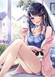  1girl :d animal animal_on_lap bangs bare_shoulders black_hair blue_camisole blue_eyes blue_shorts blurry blurry_background blush breasts camisole cat cleavage collarbone cup day depth_of_field eyebrows_visible_through_hair feet_out_of_frame flower hair_ornament hairclip hand_up holding holding_cup house indoors jacket knees_up long_hair looking_at_viewer medium_breasts off_shoulder open_clothes open_jacket open_mouth original pillow pink_jacket plaid purple_flower sakura_hiyori short_shorts shorts sitting smile solo striped striped_shorts twitter_username vertical-striped_shorts vertical_stripes 