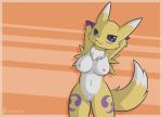  anthro black_sclera blue_eyes breasts digimon digimon_(species) female fur genitals markings nipples nude pussy renamon rvlis simple_background solo yellow_body yellow_fur 
