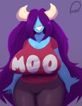  big_breasts breasts clothing demon eyes_covered female hair hair_over_eyes horn humanoid long_hair looking_at_viewer not_furry peculiart sharp_teeth shirt smile smiling_at_viewer solo sue_(peculiart) t-shirt teeth topwear 