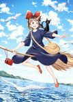  1girl :d animal_on_shoulder artist_name bag bird black_cat blue_sky blush bow broom broom_riding brown_hair cat cat_on_shoulder day dress flying full_body hair_bow hairband highres jiji_(majo_no_takkyuubin) kiki kiyohiko_(qingyan) majo_no_takkyuubin open_mouth outdoors radio red_bow red_footwear red_hairband seagull short_hair sky smile solo witch 