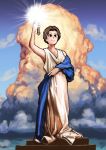  1girl absurdres blue_sky blush brown_eyes brown_hair chanta_(ayatakaoisii) closed_mouth cloud columbia_pictures cumulonimbus_cloud day hand_up highres holding holding_torch huge_filesize looking_at_viewer outdoors parody podium robe shawl short_hair sky smile solo standing torch 