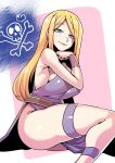  1girl bare_shoulders blonde_hair blue_eyes bonne_jenet breasts dress fatal_fury large_breasts long_hair looking_at_viewer mark_of_the_wolves sideboob smile solo the_king_of_fighters thigh_strap tukiwani 