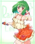  1girl :d ahoge bow character_name commentary dress green_hair idol macross macross_frontier microphone niina_ryou open_mouth orange_dress ranka_lee red_bow red_eyes short_hair single_horizontal_stripe smile solo thighhighs white_legwear wrist_bow zettai_ryouiki 