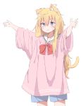  1girl ahoge animal_ears arms_up bangs blonde_hair blue_eyes blush cat_ears cat_girl cat_tail closed_mouth collarbone cowboy_shot eyebrows_visible_through_hair gabriel_dropout hair_between_eyes long_hair long_sleeves looking_afar loose_clothes loose_shirt messy_hair neckerchief oversized_clothes pink_shirt piyomi red_neckwear sailor_collar school_uniform shiny shiny_hair shirt sidelocks simple_background solo standing sweatdrop tail tenma_gabriel_white very_long_hair wavy_hair white_background 