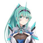  1girl bangs breasts chest_jewel earrings green_eyes green_hair highres jewelry large_breasts long_hair long_ponytail looking_at_viewer pneuma_(xenoblade) ponytail sarasadou_dan simple_background smile solo swept_bangs tiara upper_body white_background xenoblade_chronicles_(series) xenoblade_chronicles_2 