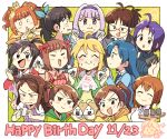  6+girls ^_^ ahoge akizuki_ritsuko amami_haruka bangs black_eyes black_headband blonde_hair blue_hair blunt_bangs blush brown_hair closed_eyes eating everyone eyebrows_visible_through_hair food futami_ami futami_mami ganaha_hibiki glasses hagiwara_yukiho happy_birthday headband highres holding holding_food hoshii_miki idolmaster idolmaster_(classic) kikuchi_makoto kisaragi_chihaya minase_iori miura_azusa multiple_girls onigiri open_mouth ponytail purple_eyes purple_hair shijou_takane short_hair short_sidetail side_ponytail surprised takatsuki_yayoi tsubobot twintails v-shaped_eyebrows 