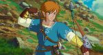  1boy aiming belt blue_eyes bow_(weapon) brown_gloves collarbone english_commentary fantasy fingerless_gloves gappy gloves holding holding_bow_(weapon) holding_weapon link parody pointy_ears scowl sheikah_slate solo standing studio_ghibli studio_ghibli_(style) style_parody the_legend_of_zelda the_legend_of_zelda:_breath_of_the_wild v-shaped_eyebrows weapon 