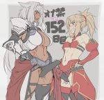  2girls animal_ears black_panties blonde_hair blue_eyes blush breasts caenis_(fate) commentary_request dark_skin dark_skinned_female detached_sleeves eye_contact fate_(series) futa_with_futa futanari green_eyes grey_hair grin hand_on_hip large_breasts large_penis looking_at_another mikoyan mordred_(fate) mordred_(fate)_(all) multiple_girls multiple_penises navel panties penis penises_touching small_breasts smile standing sweatdrop testicles underwear 