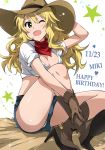  1girl absurdres arm_up bangs belt blonde_hair blue_shorts boots breasts brown_footwear brown_gloves brown_headwear character_name cleavage commentary cowboy_hat dated eyebrows_visible_through_hair gloves green_eyes hair_between_eyes happy_birthday hat high_heel_boots high_heels highres hoshii_miki idolmaster idolmaster_(classic) knee_up looking_at_viewer messy_hair one_eye_closed open_mouth panties red_neckwear shiny shiny_skin shirt short_shorts shorts sitting smile solo sparkle starry_background thighs tied_shirt tokiani underwear white_panties white_shirt 