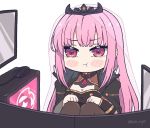  1girl :t bangs black_dress blunt_bangs blush breasts cleavage dress english_commentary eyebrows_visible_through_hair hands_on_own_knees hololive hololive_english knees_up kukie-nyan large_breasts long_hair looking_at_viewer monitor mori_calliope mouse_(computer) multiple_monitors pink_eyes pink_hair pout red_eyes simple_background sitting solo spikes thighhighs tiara twitter_username veil virtual_youtuber white_background 
