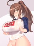  1girl ahoge aster_crowley blush bottomless breasts brown_eyes brown_hair cosplay hair_over_one_eye highres huge_ahoge huge_breasts inverted_nipples kono_subarashii_sekai_ni_shukufuku_wo! long_hair looking_at_viewer see-through shirt solo sugoi_dekai uzaki-chan_wa_asobitai! uzaki_hana uzaki_hana_(cosplay) wet wet_clothes wet_shirt white_background wiz_(konosuba) 