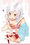 1girl :p blush comic_kairakuten downblouse eyebrows_visible_through_hair full_body heart highres key_(kagibangou) looking_at_viewer messy_hair navel nightgown off_shoulder outstretched_arm red_eyes ribbon sitting solo spaghetti_strap tongue tongue_out unbuttoned_sleeves wariza white_hair 