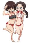  /\/\/\ 1girl 2girls ;d arm_around_shoulder bangs barefoot bikini black_bikini black_eyes black_hair blush_stickers braid breasts brown_eyes brown_hair eyebrows_visible_through_hair frown fukuda_(girls_und_panzer) gemu555 girls_und_panzer glasses grin hand_on_own_head isobe_noriko leg_up long_hair looking_at_another looking_at_viewer mismatched_bikini multiple_girls navel one_eye_closed open_mouth red_bikini round_eyewear short_hair side-by-side simple_background small_breasts smile solo standing standing_on_one_leg sweatdrop swimsuit twin_braids twintails white_background 