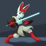  1:1 anthro clothing fur green_eyes hi_res jedi lagomorph leporid lightsaber male mammal melee_weapon rabbit red_body red_fur redline_rabbit sebtheredpanda simple_background solo standing star_wars tunic weapon white_body white_fur 