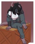  4:5 anthro black_body black_eyes black_fur black_hair breasts clothed clothing coveralls crate female fully_clothed fur hair hand_in_hair hi_res lavenderpandy long_hair looking_at_viewer mammal murid murine rat rodent ronnie_(chances) sitting solo touching_hair 