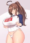  1girl ahoge aster_crowley blush bow bow_panties breasts brown_eyes brown_hair cosplay hair_over_one_eye highres huge_ahoge huge_breasts kono_subarashii_sekai_ni_shukufuku_wo! long_hair looking_at_viewer panties solo sugoi_dekai underwear uzaki-chan_wa_asobitai! uzaki_hana uzaki_hana_(cosplay) white_background white_panties wiz_(konosuba) 