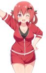  1girl ;d arm_up bat_hair_ornament blush breasts cleavage collarbone commentary_request cowboy_shot fang gabriel_dropout gym_uniform hair_ornament hand_on_hip highres kurumizawa_satanichia_mcdowell large_breasts looking_at_viewer nyaroon one_eye_closed open_mouth pink_eyes red_hair red_shorts red_sweater shiny shiny_hair short_hair shorts simple_background smile solo sweater thighs white_background zipper_pull_tab 