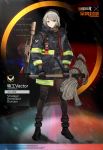  1girl agent_vector_(girls_frontline) alternate_costume axe boots crossover firefighter girls_frontline grey_hair gun holstered_weapon hose hose_reel jacket kriss_vector new_york_city_fire_deparment official_alternate_costume official_art shawl short_hair solo submachine_gun thighhighs tom_clancy&#039;s_the_division vector_(girls_frontline) watch weapon wristwatch yellow_eyes 