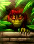  2020 5_fingers ambiguous_gender anthro bassybefuddle black_claws claw_marks claws finger_claws fingers green_body green_scales grin hair hair_over_eyes half-closed_eyes hi_res leaf lizard log long_hair looking_at_viewer narrowed_eyes plant pupils red_eyes red_hair reptile scales scalie sharp_teeth slit_pupils smile solo teeth wood yellow_sclera 
