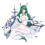  1girl animal_ear_fluff animal_ears bangs bare_shoulders breasts cannon choker cleavage closed_mouth collarbone copyright_request covered_navel crown dress elbow_gloves eyebrows_visible_through_hair full_body gloves heterochromia highres large_breasts long_hair machinery mini_crown mole mole_on_breast no_shoes purple_eyes red_eyes shibanme_tekikumo simple_background smile solo strapless strapless_dress tail thighhighs turret very_long_hair white_background white_choker white_dress white_gloves white_legwear 