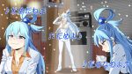  1girl alternate_costume aqua_(konosuba) awesumusprime baka_mitai blue_eyes blue_hair breasts cleavage commentary cosplay cup english_commentary hair_ornament highres holding holding_cup karaoke kiryuu_kazuma kiryuu_kazuma_(cosplay) kono_subarashii_sekai_ni_shukufuku_wo! meme music pun ryuu_ga_gotoku ryuu_ga_gotoku_0 singing tearing_up 