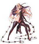  1girl alternate_costume bangs black_legwear blonde_hair boots breasts cleavage destiny_child elbow_gloves fingerless_gloves full_body gloves grin habit high_heels large_breasts long_hair miriam_(destiny_child) nun official_art red_eyes smile solo thigh_boots thighhighs transparent_background weapon 