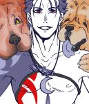  1boy 2others animal blue_hair bobtomgom bodypaint chest_strap chow_chow collarbone crescent_necklace cu_chulainn_(fate)_(all) dog earrings fang fate/grand_order fate_(series) grin highres jewelry lancer looking_at_viewer male_focus multiple_others nipples paws red_eyes short_hair slit_pupils smile spiked_hair st_bernard tongue tongue_out type-moon 