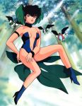  1980s_(style) arm_strap bird black_hair blue_footwear brown_eyes center_opening character_name choker day flying forest green_hair hand_on_own_thigh head_wings high_heels kurama_(urusei_yatsura) leotard lipstick looking_at_viewer makeup multicolored_hair nature navel official_art outdoors red_lipstick retro_artstyle short_hair strapless strapless_leotard two-tone_hair urusei_yatsura wristband 
