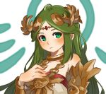  1girl aqua_eyes bangs bare_shoulders circlet closed_mouth goddess green_hair hand_on_own_chest hand_up jewelry kid_icarus long_hair looking_at_viewer neck_ring necklace nishikuromori palutena parted_bangs simple_background solo straight_hair strapless upper_body very_long_hair white_background 