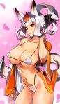  1girl animal_ears bikini breasts covered_nipples fox_ears fox_tail hair_up kongiku large_breasts leaf leaf_on_head lips midriff navel oboro_muramasa open_clothes optionaltypo orange_eyes signature silver_hair simple_background solo swimsuit tail 