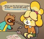  animal_crossing anthro canid canine canis dialogue domestic_dog duo english_text female hammy isabelle_(animal_crossing) male mammal nintendo raccoon_dog silly tanuki text tom_nook_(animal_crossing) video_games 
